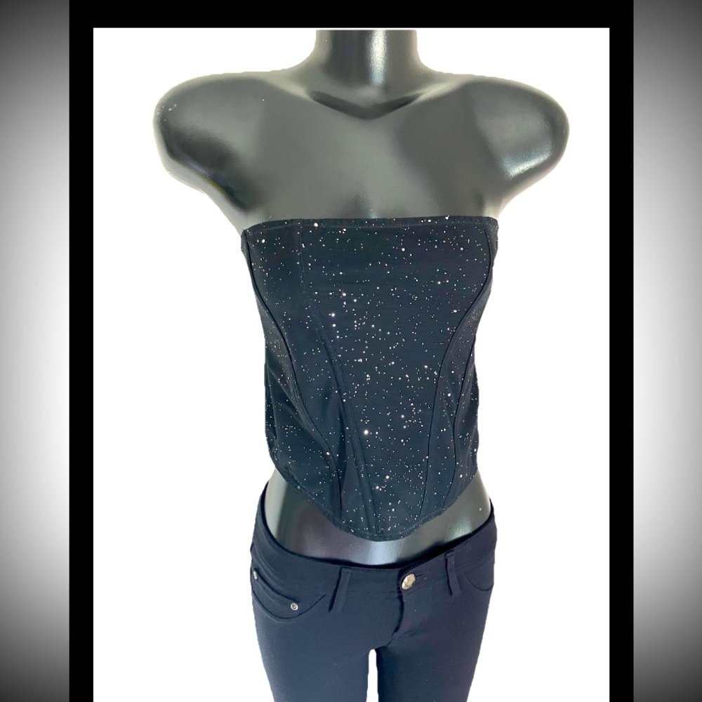 BLACK sexy! CORSET strapless LACE bling! CROP flattering FITTED adjust Top SMALL